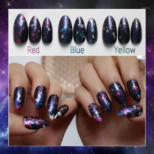 

blue outer space 3d flash stiletto false nails purple galaxy fake almond starry sky yellow dream pointed1, Red;gold