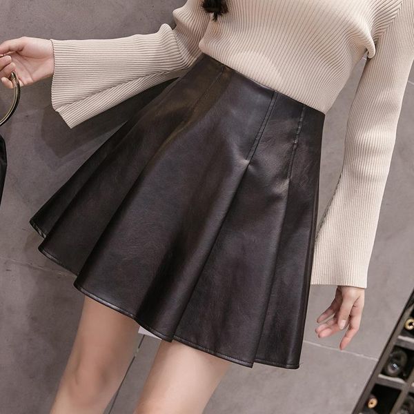 

skirts 2021 leather skirt high waist a-line short female pu small bottom pleated black
