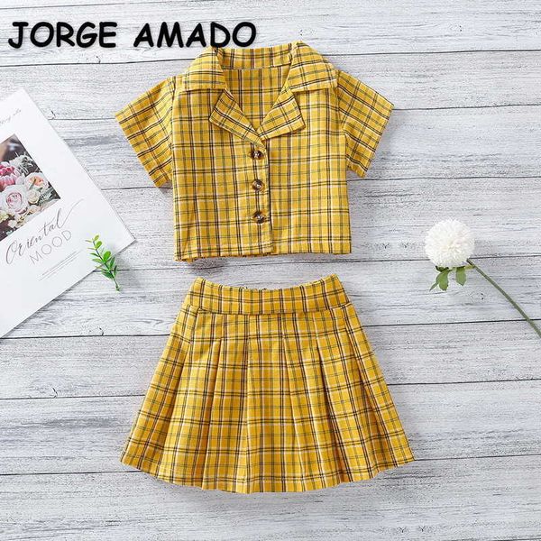 

summer kids girl 2-pcs sets yellow plaid short shirts + elastic waist skirt cute style toddler girls outfits e262 210610, White