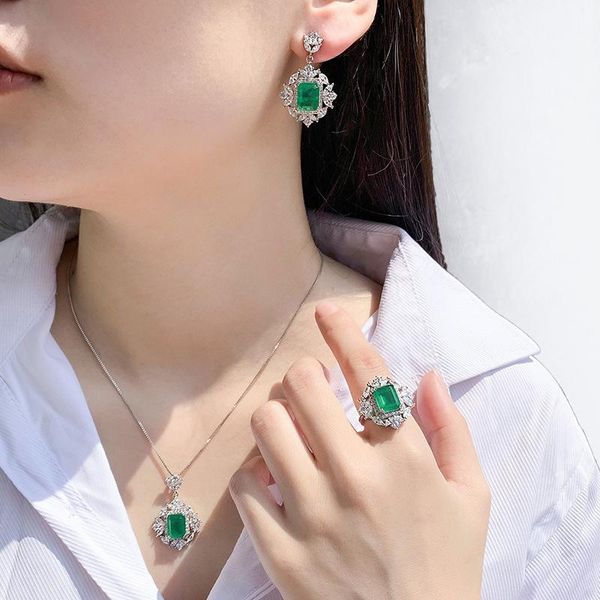 

earrings & necklace luxury green jewelry set s925 needle imitation emerald-colored antique ring pendant gift of three vintage, Silver