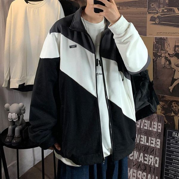 

men's jackets 2021 fashion casual jacket straight color block lapel long sleeve zipper spring autumn men coat loose male clothes, Black;brown