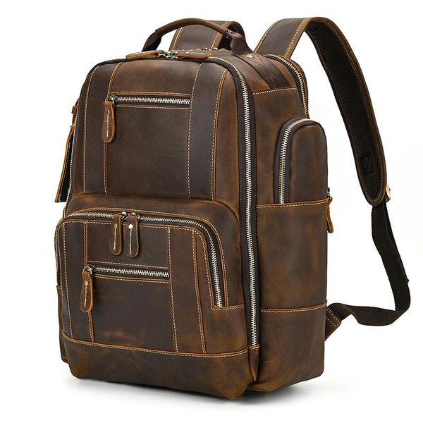 

backpack retro crazy horse leather men's large-capacity lapschoolbag teenagers daily outdoor travel natural genuine