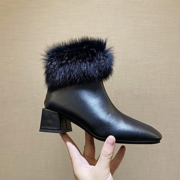 

boots women shoes winter mid heels zipper woman snow non slip female footwear ankle ladies fashion fur warm plush, Black