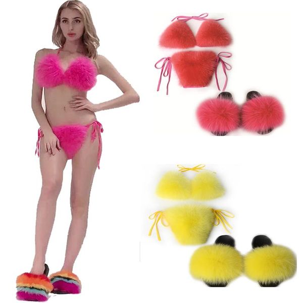 

women's fur sandals summer female swimsuit underwear flip flops ladies bra beach slippers bikini set soft fluffy slides, Black