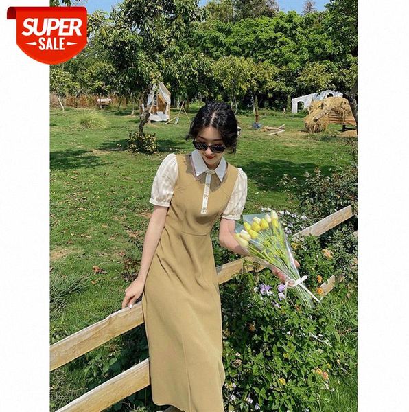 

temperament [druner girl] designed hollow collar french retro patchwork dress women #av6y, Black;gray