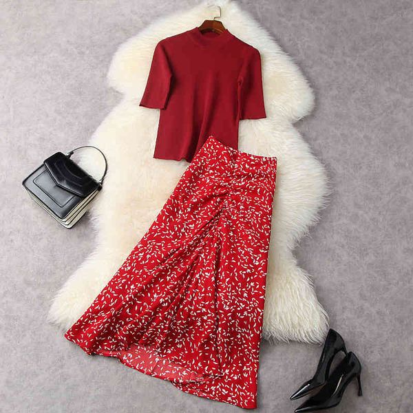 

two piece dress spring half sleeve stand collar red knitted tees + floral print high waist mid-calf skirt suits 2 s set lf2511865 4ypc, White