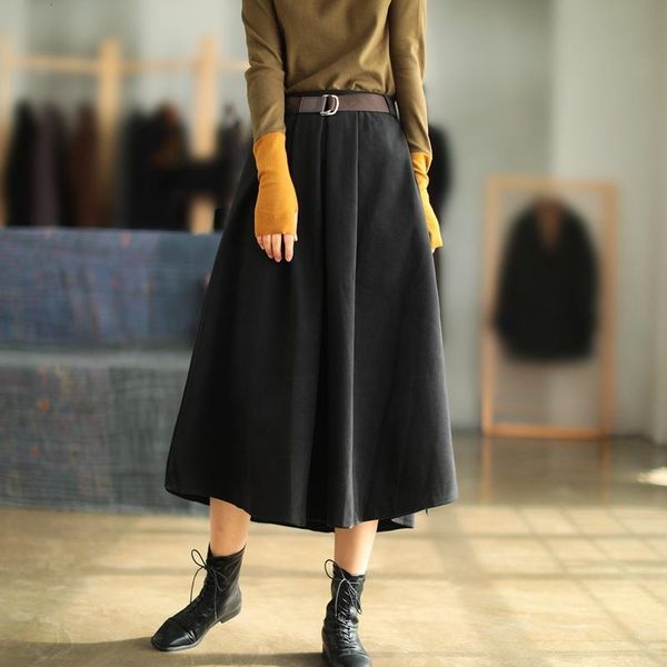 

Skirts Lugentolo Long Skirt Women Woolen Cloth High Waist Solid Color Spring Fashion Sashes A-Line Womens GATD, Black