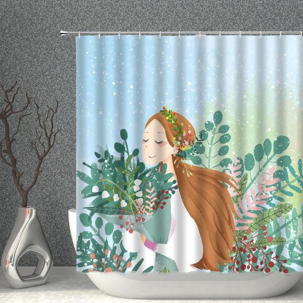 

chinese style cartoon pretty girl natural scenery bathroom accessories waterproof polyester fabric home decoration with hooks shower curtain