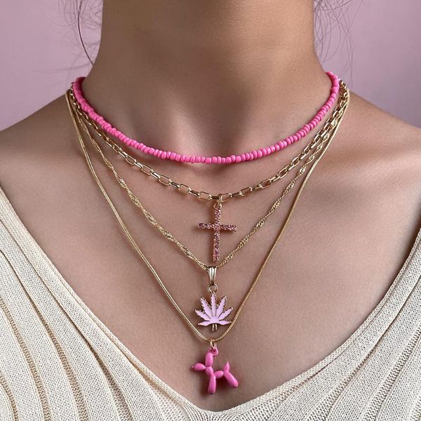 

chains fashion multi layer pink cartoon balloon dog beaded necklace for women girls crystal cross metal twisted chain necklaces jewelry, Silver