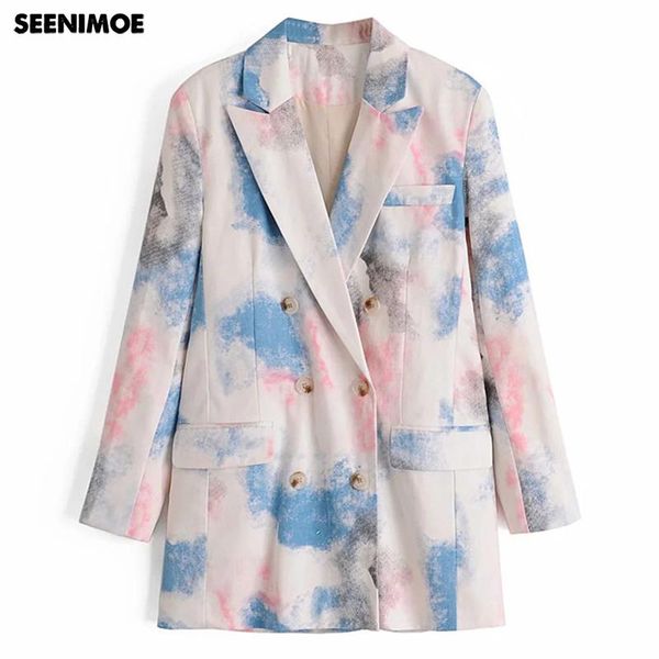 

seenimore women tie-dyed print blazer 2021 long sleeve female coat notched autumn collar casual jacket outwear women's suits & blazers, White;black