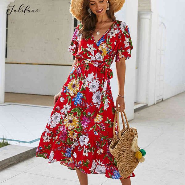 Boho Çiçek Baskı Yaz Elbise Fırfır V Boyun Sashes Plaj Bayanlar Uzun Elbiseler Pamuk Sarı Sundress Moda Kadın Giysileri 210415