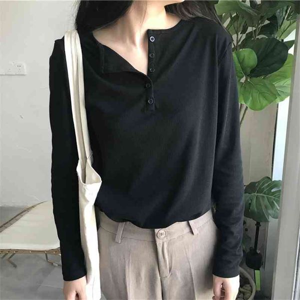 

women's casual vintage t-shirts spring korean chic long sleeve white black knitted tees female all match simple basic 210330
