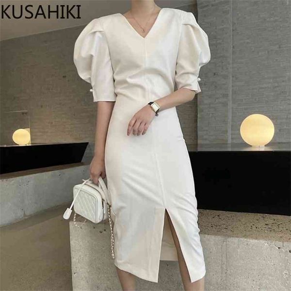 

elegant v-necl slim split dresses korean puff sleeve chic woman dress solid causal vestido feminimos 6h538 210603, Black;gray