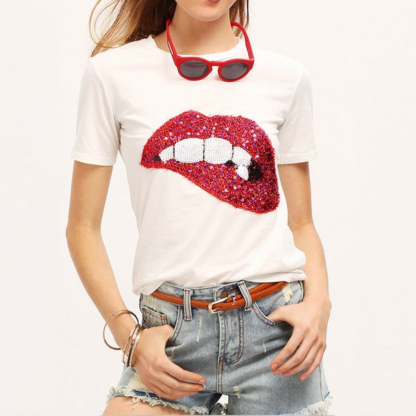 

lady fashion lips sequin t shirt women clothes summer short sleeve t-shirt casual cotton tshirts female, White