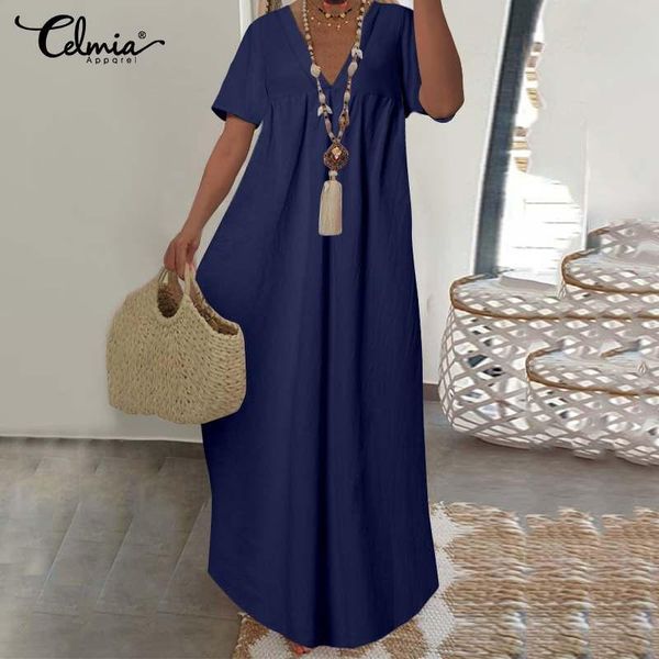 

party dresses women v-neck maxi long dress celmia 2021 summer bohemian sundress short sleeve casual loose pleated holiday vestidos robe, White;black