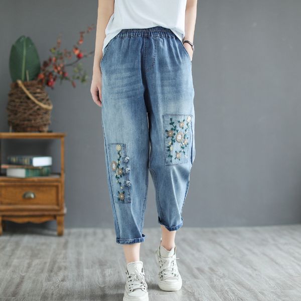 

women's jeans light blue embroidered jeans 7-point stretch coil button slim elastic waist harem pants 15687