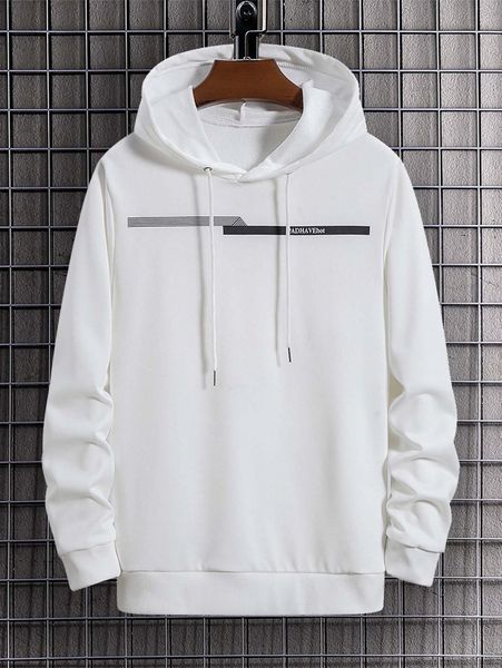 

men striped & letter graphic drawstring hoodie g7oz#, Black