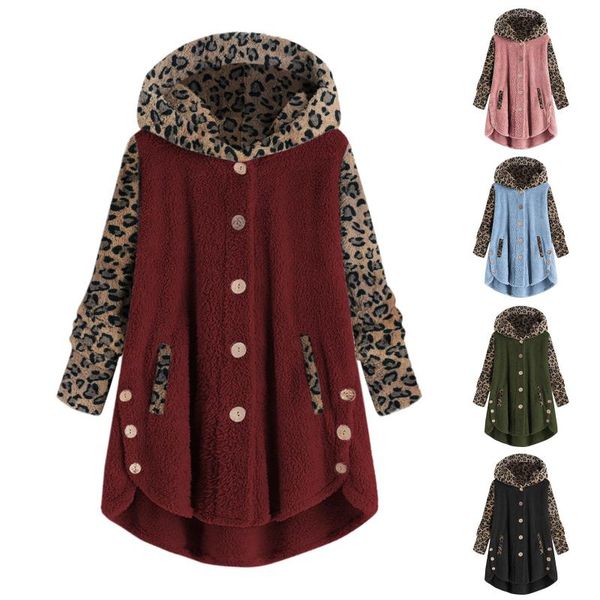 

women's jackets women hooded jacket button coat leopard patchwork pullover loose blouse plus size warm thick windbreaker outerwear, Black;brown