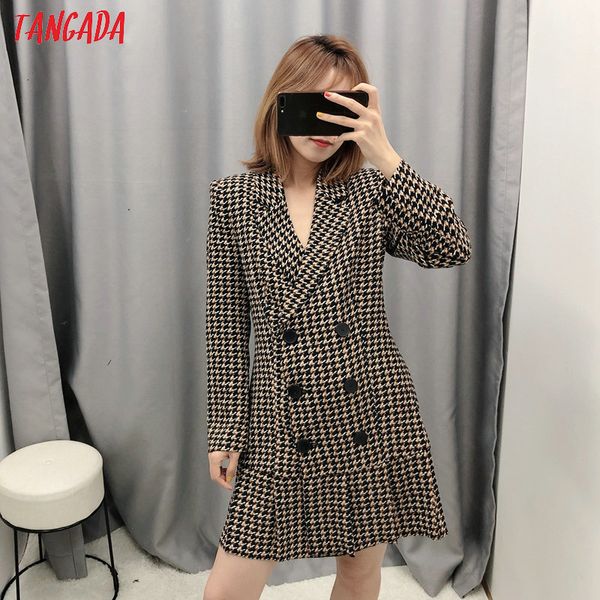 

casual dresses tangada women elegant print blazer dress long sleeve buttons vintage style females office lady mini dresses vestidos be102 09, Black;gray