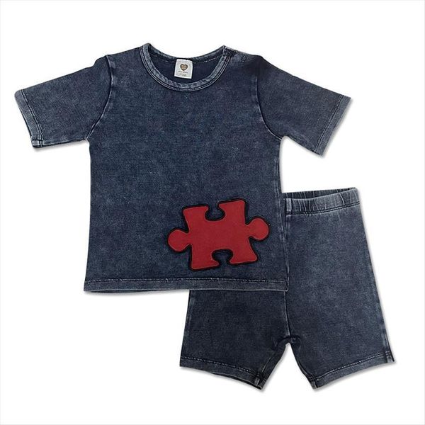 

summer clothes set and pants knitted denim kids boy girl round neck short sleeves with red patches, White