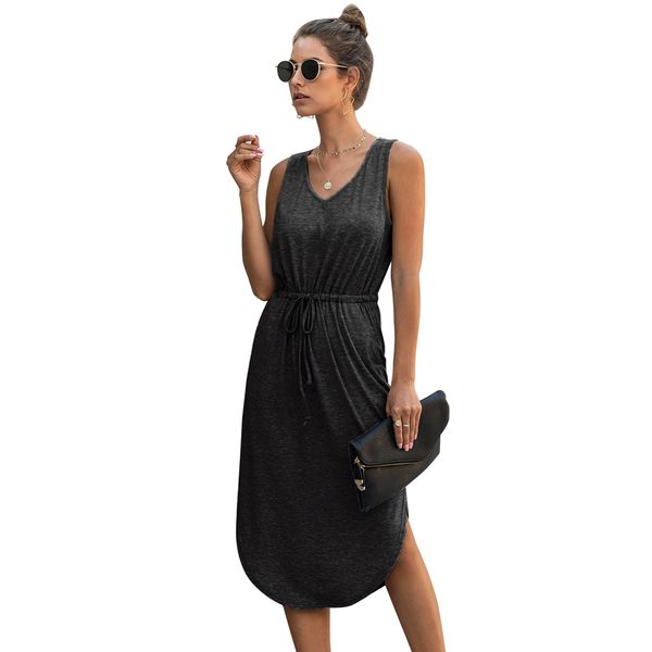 Kadın Yaz Elbise Katı Kolsuz Casual Gevşek Bayanlar Tankı Elbise A-Line Sundress Kadın Diz Boyu Midi Elbise Kadın Vestidos 210416