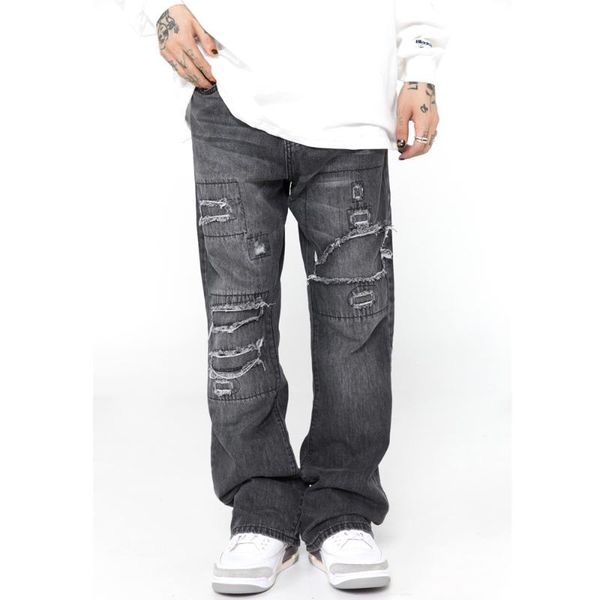

men's jeans eukaaru retro hippie made old washed man baggy hip hop street wild leg pants woman bf oversized trousers, Blue
