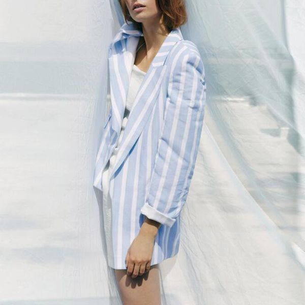 

women's suits & blazers fashion casual women elegant striped printed turn down collar jackets loose long sleeve ladies, White;black