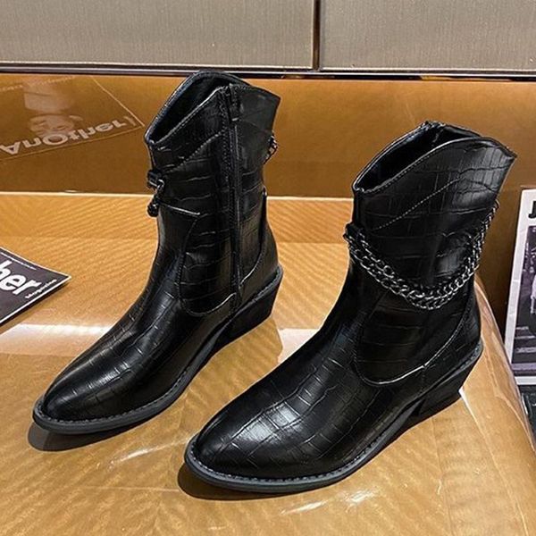 

boots women fashion ankle pu leather chain cool ladies short boot black cowboy retro women's working shoes female vintage casual