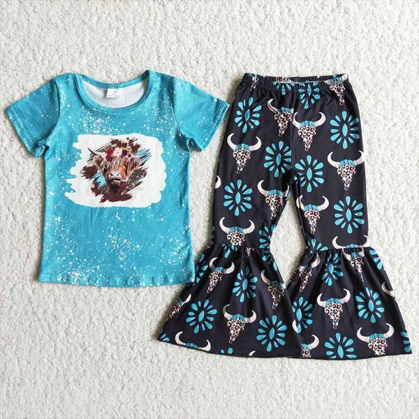 

children fashion clothes with o neck baby girls cow print and bells set, White