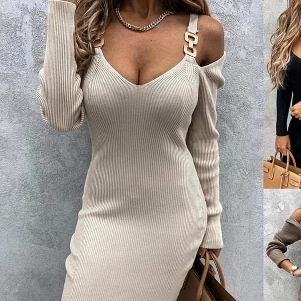 

50% women dress saleswomen deep v neck long sleeve off shoulder metal straps ribbed knitted good quality, Black;gray