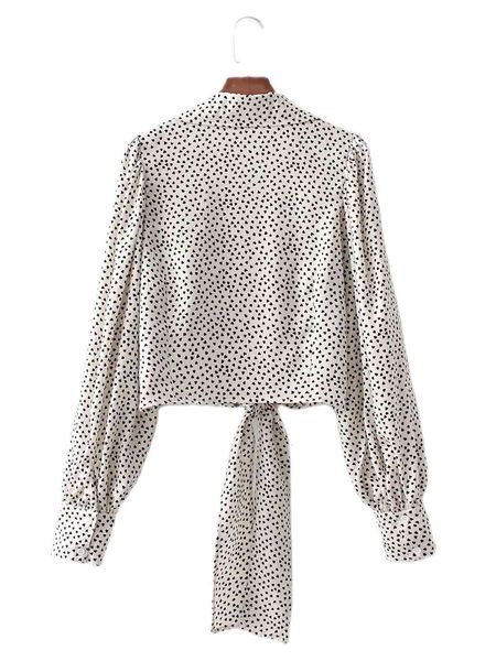 

t shirt women fashion lapel love pattern bow short shirt retro long sleeve knotted blouse chic female, White