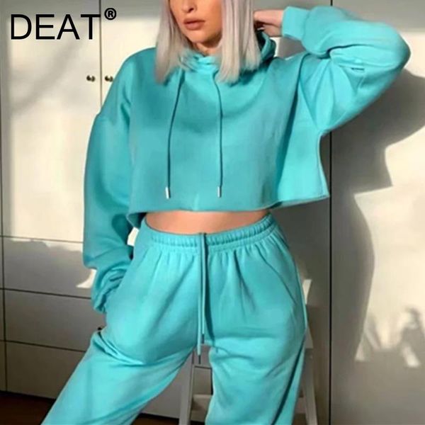 

women's two piece pants [deat] 2021 summer fashion tide hooded collar long sleeve sweatshirt high waist pencil women two-piece suit 13z, White