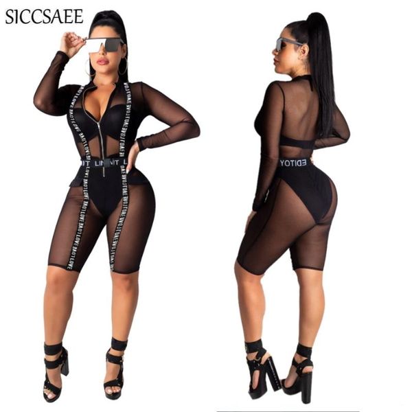 

women's jumpsuits & rompers letter shoulder strap mesh knee length bodycon bodysuit one piece bandage see through zipper front transpar, Black;white