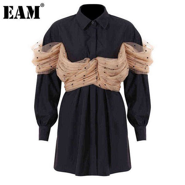 

[eam] women black mesh pleated bandage dot shirt dress new lapel long sleeve loose fit fashion tide spring autumn 2022 1de0957 g1214, Black;gray