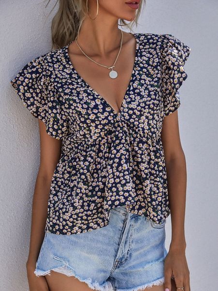 

ditsy floral ruffle hem blouse c6v4#, White