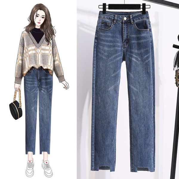 

high waist large size fat slim fit in autumn cropped pants tide elastic, Blue