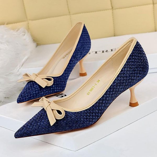

dress shoes 2021 elegant women 6cm thin high heels butterfly knots color matching low kitten designer female, Black