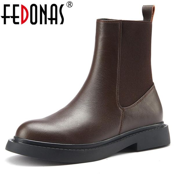 

boots fedonas elastic band ankle for women genuine leather concise thick heels pumps female winter office lady shoes woman, Black