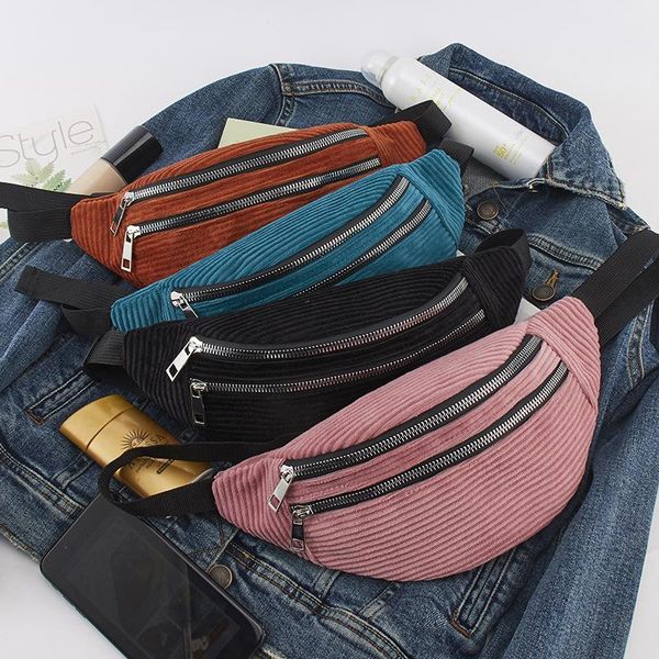

women's corduroy belt waist bag belly hips banana wallet phone abdomen fanny pack purse with chain female handbag bags