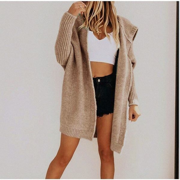 

women's cardigan sweater knitted solid color stylish basic casual long sleeve sweater cardigans hooded fall winter gray khaki black w3i, White;black