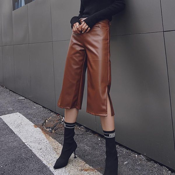 

women's shorts retro high waist women pu leather motorcycle female faux-leather loose army green autumn spring 2021 street wear, White;black