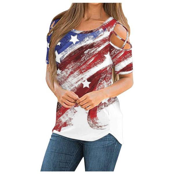 

independence day printing summer women t shirt strappy cold shoulder short sleeve o neck t-shirt harajuku plus size women's, White