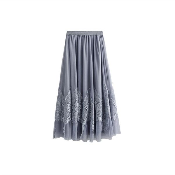 

autumn & winter women high waist slimming simple pure color mesh skirt stitching lace casual long 210527, Black