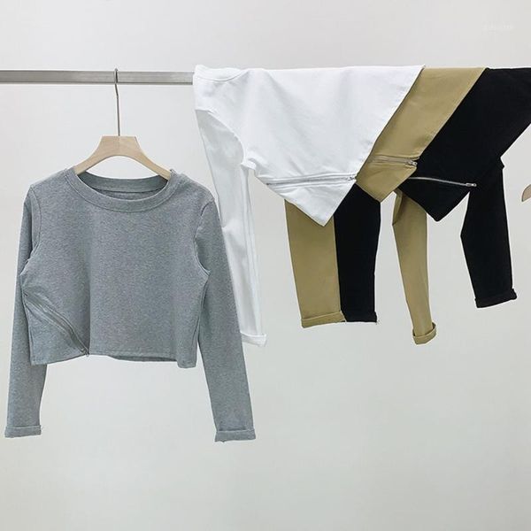 

girls fashion t-shirt spring 2021 elastic round neck loose zipper design sense base shirt women long sleeves short white women's