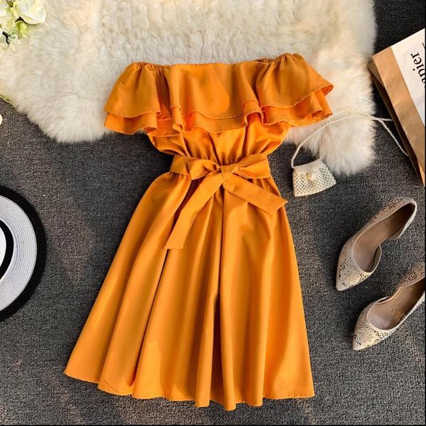 

arrival strapless short solid women dress summer slash neck vestido korean ruffles sashes  robe 43077, Black;gray