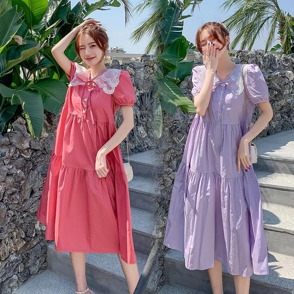 

9017# maternity dress summer cotton short sleeves midi loose stylish pregnant women mom dresses, White
