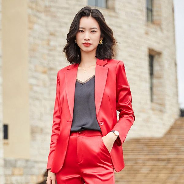 Satin Fashion Elegant с двумя частями Poplin Office High Panta и Slim Duft Down Down Down Women Blazer 2 Женщины подходят для женщин.