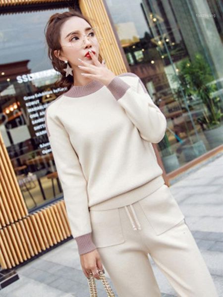 

women's two piece pants women winter woolen and cashmere pattern knitted warm suit o-neck sweater+pants tracksuit set female sporting s, White