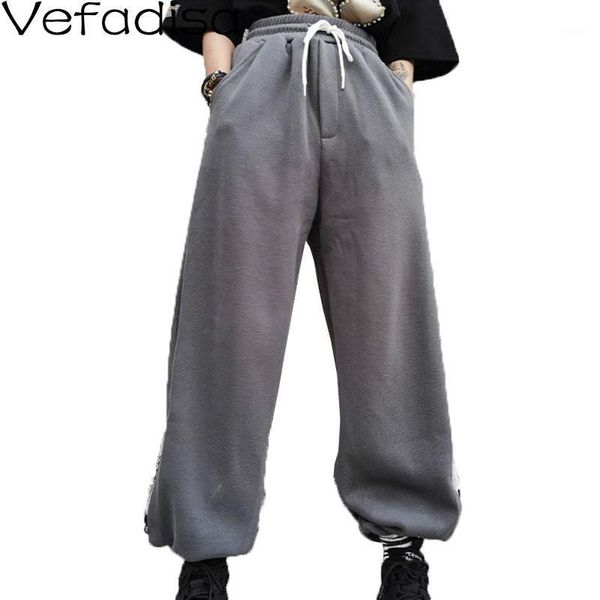 

vefadisa gray patchwork wide leg pants women 2021 spring drawstring full length plus size casual qyf4851 women's & capris, Black;white
