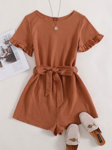 

frill cuff belted romper 194u#, White